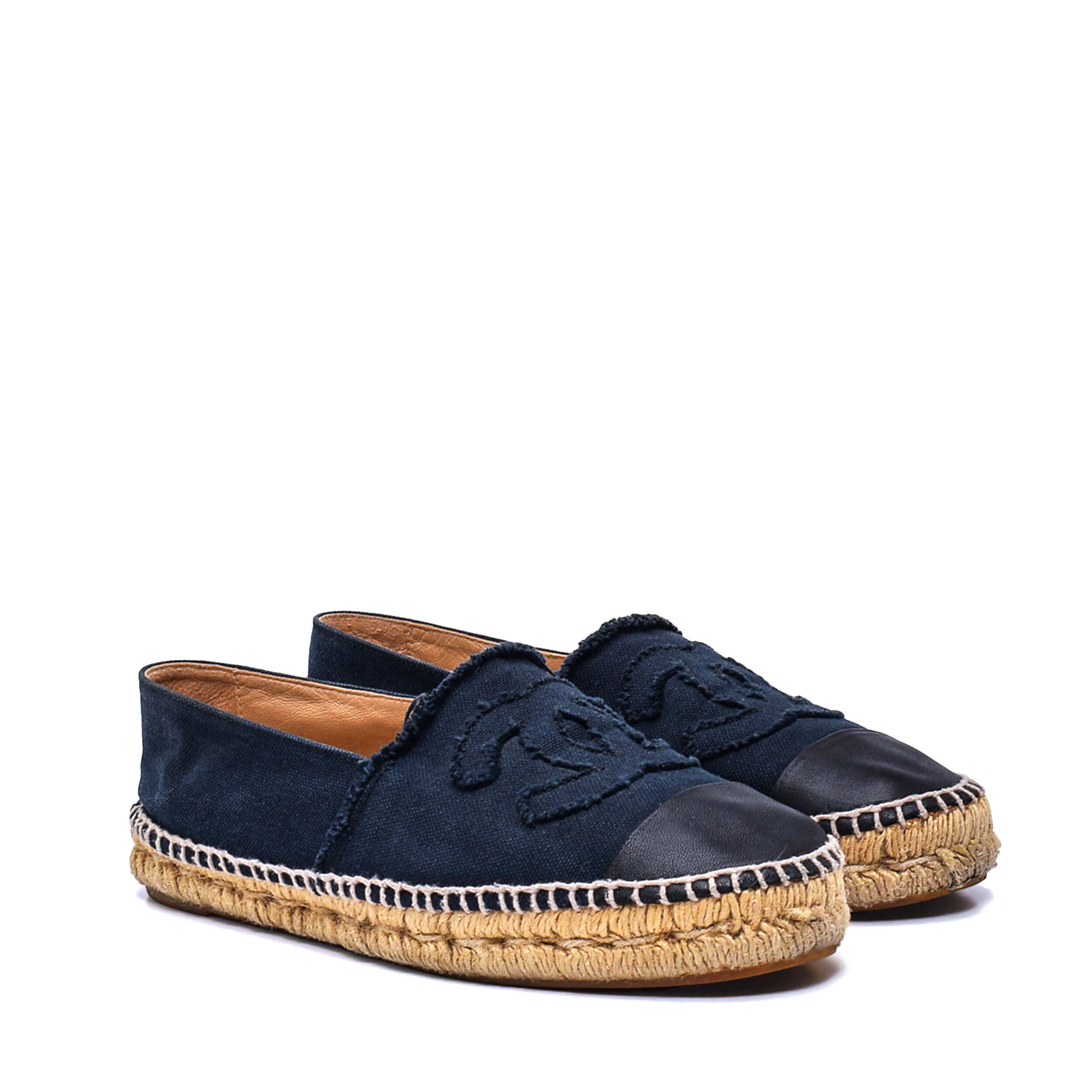 Chanel- Black Leather and Navy Canvas  CC Espadrilles / 38